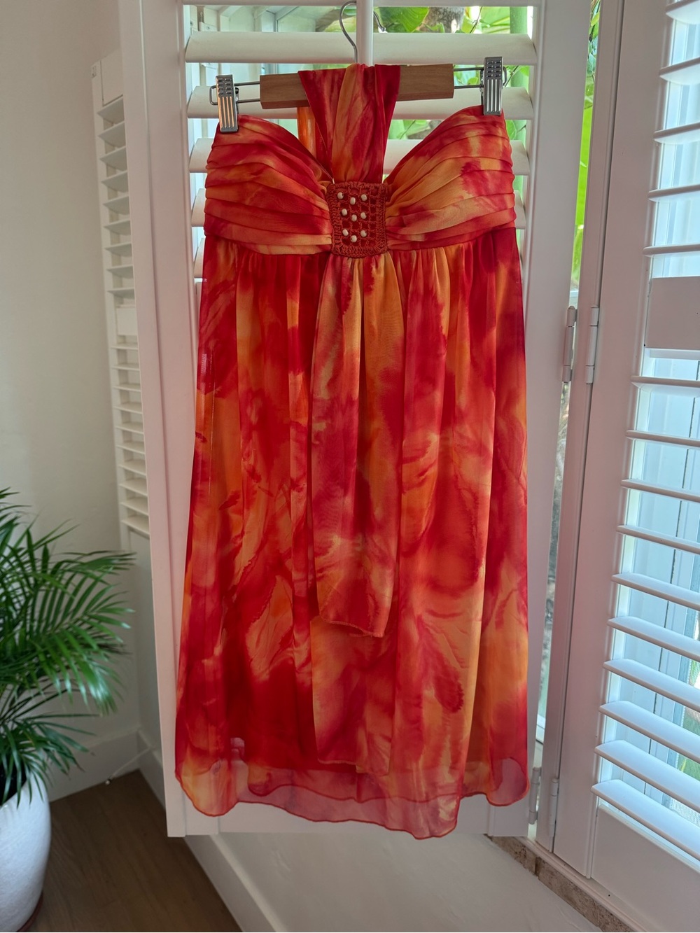 Unique Beaded Red-Orange Halter Sundress Size M